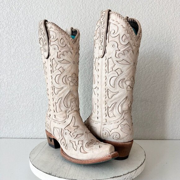 Lane Boots Shoes - Lane ROBIN Beige Cowboy Boots Womens 7.5 Leather Western Snip Toe 13" Tall Shaft